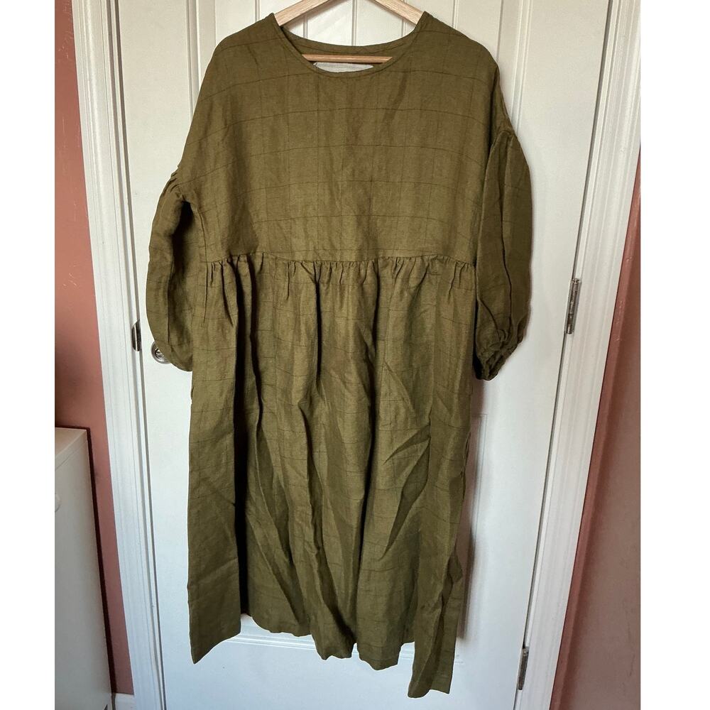 Not Perfect Linen Montmarte Oversized Midi Dress Medium Green/Yellow